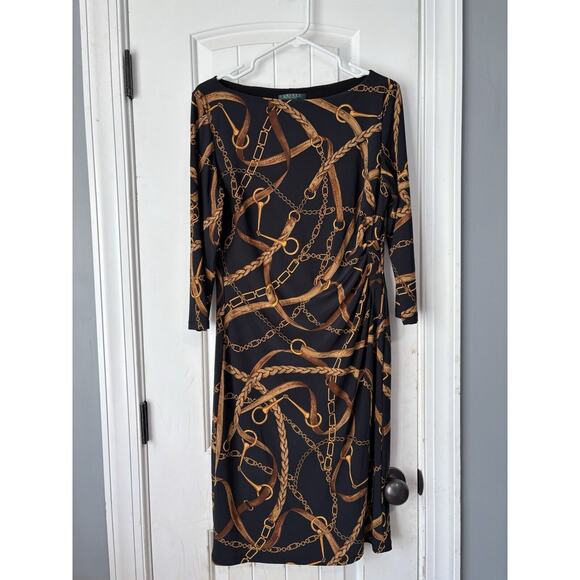 L AUREN RALPH LAUREN Black Gold Chain Link Jersey Dress Boat Neck Pullover Sz 12 - Picture 1 of 3